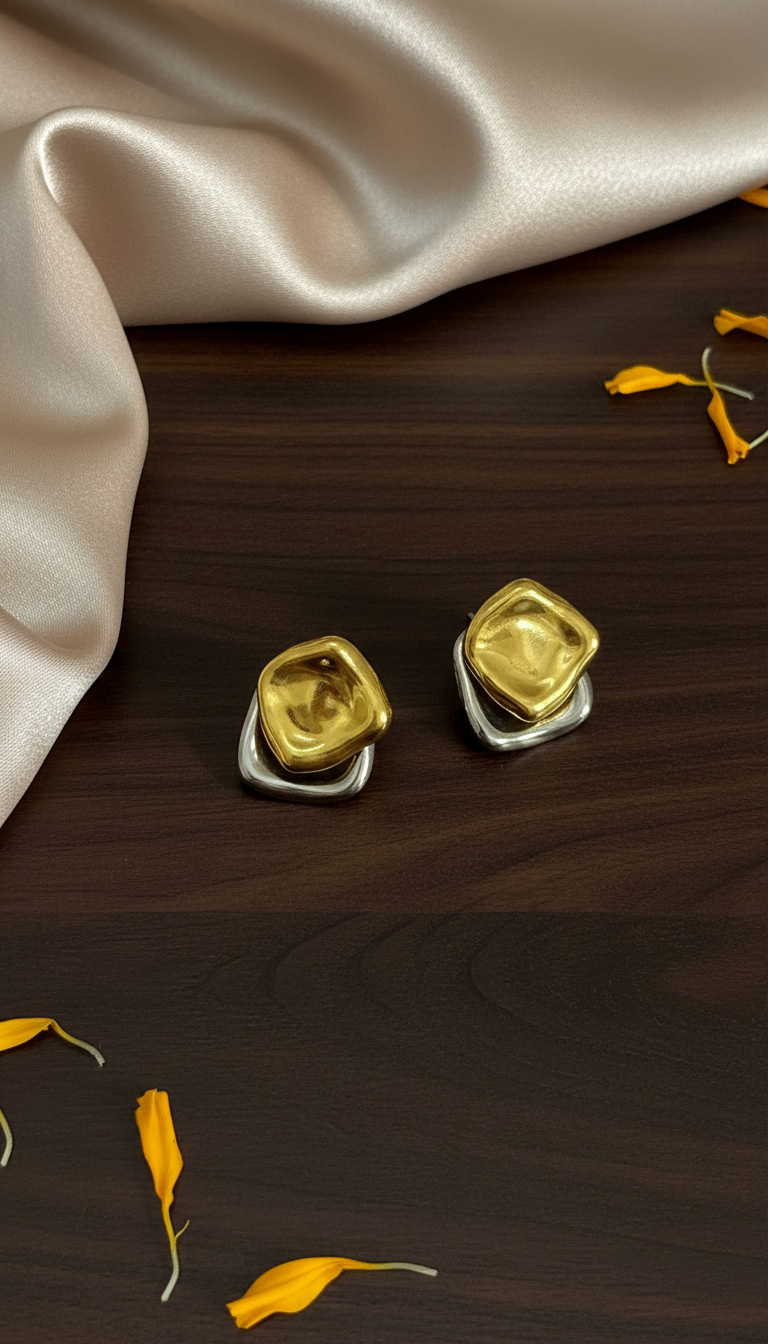 Double Drill Golden Silver Earring