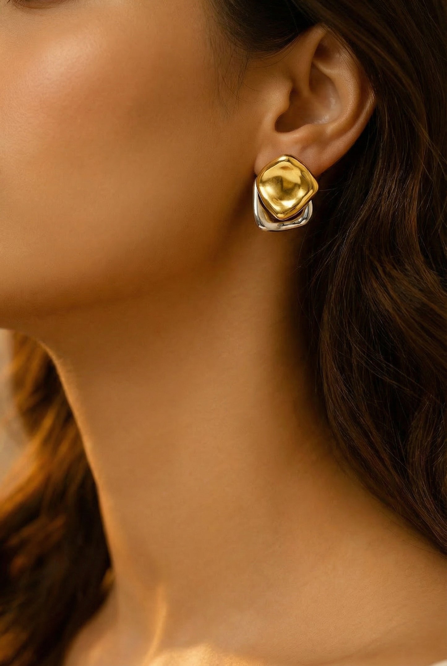 Double Drill Golden Silver Earring